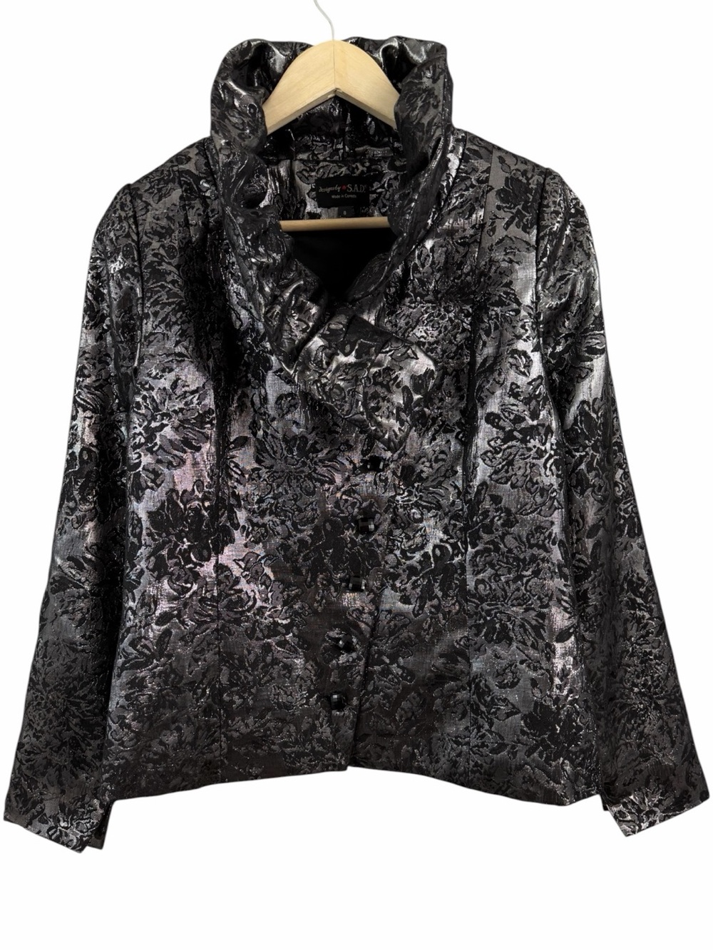 Designs by SAD Vintage Metallic Ruffle Collar Button Down Blazer Jacket Size 8